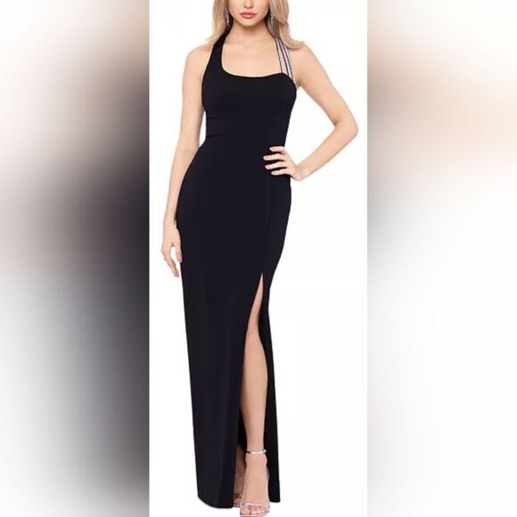 XSCAPE Rhinestone-Strap Cutout-Back Gown NWT Size 12 Black - Picture 1 of 7